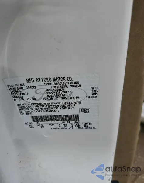 2006 Mercury Mariner z USA, uszkodzony, nr VIN 4M2CU57106DJ05517